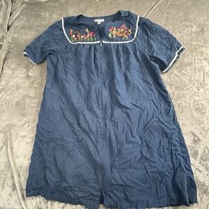 Go Softly Patio Dress Denim Muu Muu 2X Blue wEmbroidered Birdhouse & Flowers